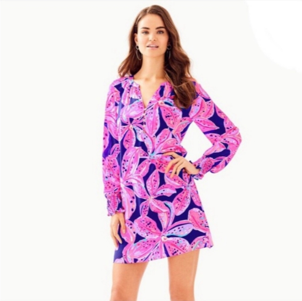 Lilly Pulitzer Brynle Tropical Floral Vacation Dress Size Small Pink/Navy